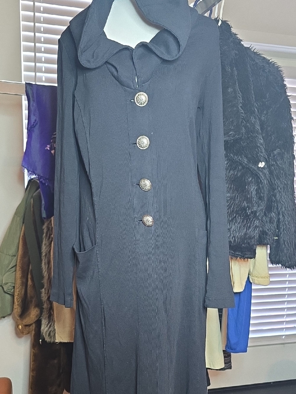 Women's Black Long Sleeve Button-Front Dress with Pocket